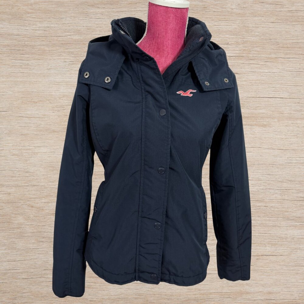 Hollister Navy Blue All-Weather Hooded Jacket Women’s Size Small Y2K Outerwear